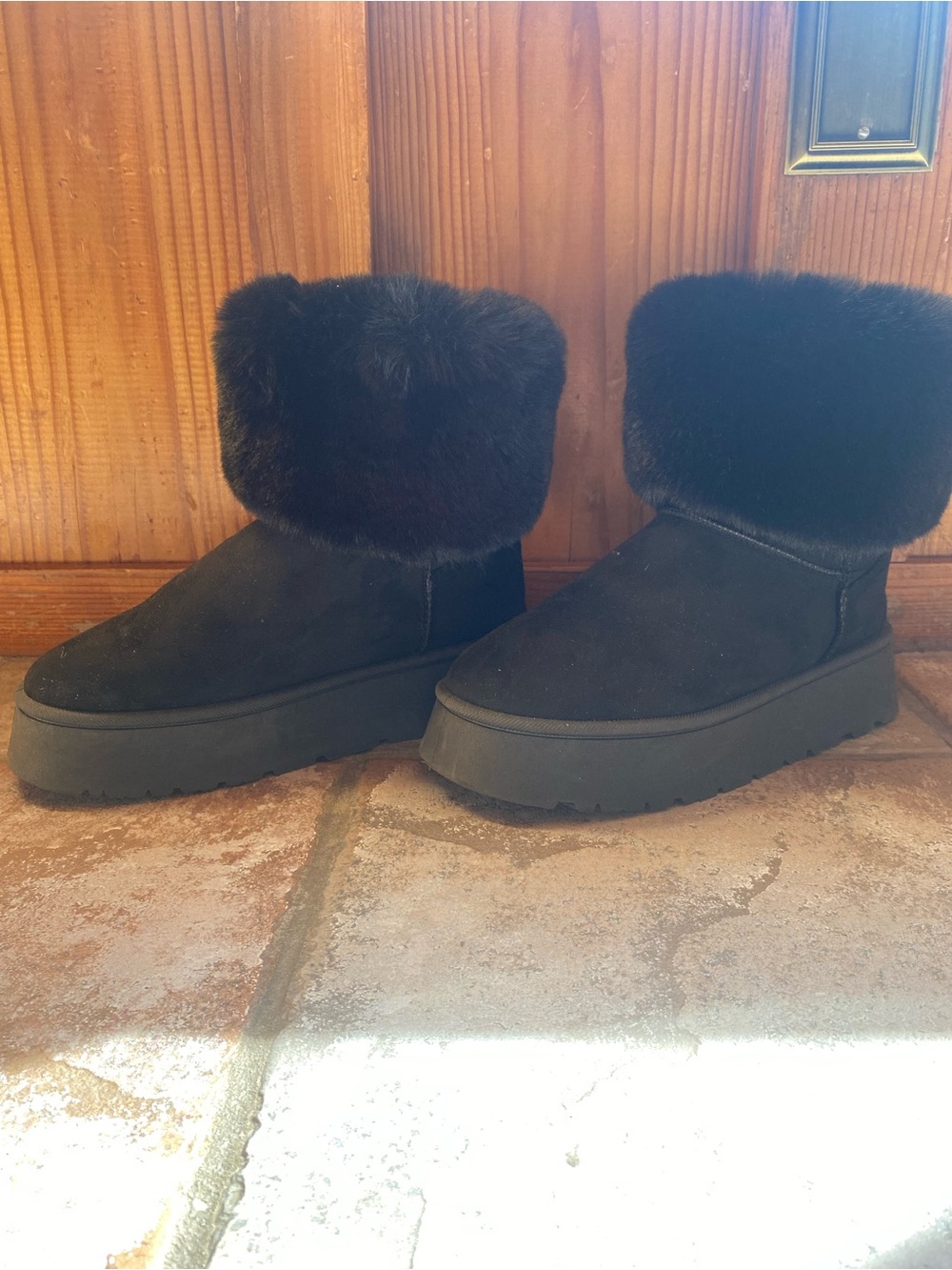 Fashion Nova Black Faux-Fur Cuff Platform Winter Boots